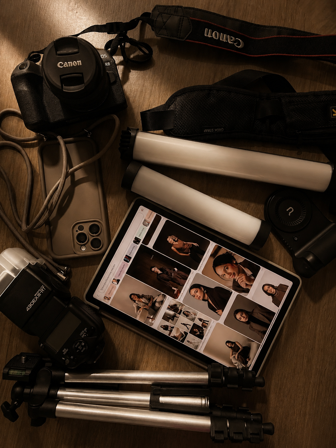 Equipamentos de produção e tablet com referências visuais